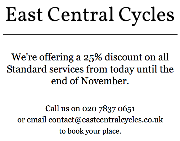 E_C_Cycles's tweet photo. AUTUMN SALE LETS GO

Fix your steed up for winter; make sure it's safe and durable! Get in touch now to grab one of our limited deals
@WSExmouthHouse @ExmouthArms @Exmouth_Market @exmouthlondon @Exmouth_Mkt @london_cycling @IBikeLondon @CityUniLondon https://t.co/zYfULmkuL2