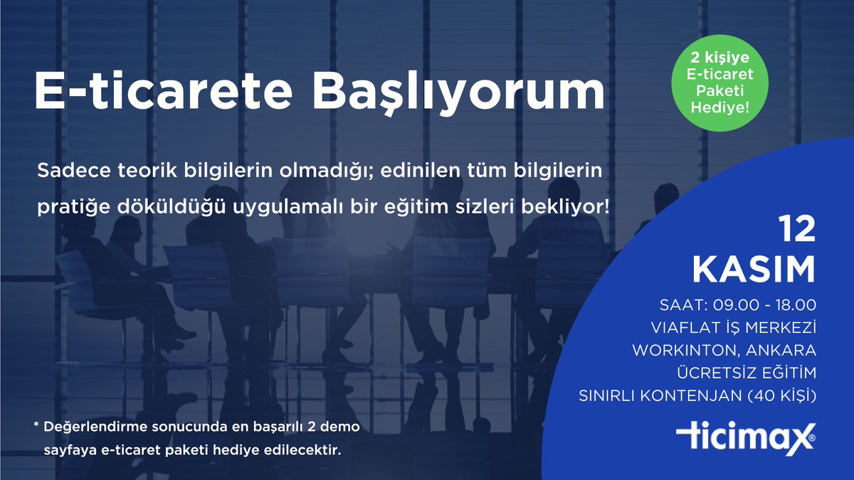 Ürünlerimi internette satmak istiyorum ama nereden başlamam lazım bilmiyorum diyorsanız bu eğitim programı tam size göre. Ankara’da ücretsiz düzenlenecek E-Ticarete Başlıyorum adlı program hakkında bilgi almak ve başvuru yapmak için lütfen tıklayınız. 
ticimax.com/e-ticarete-bas…