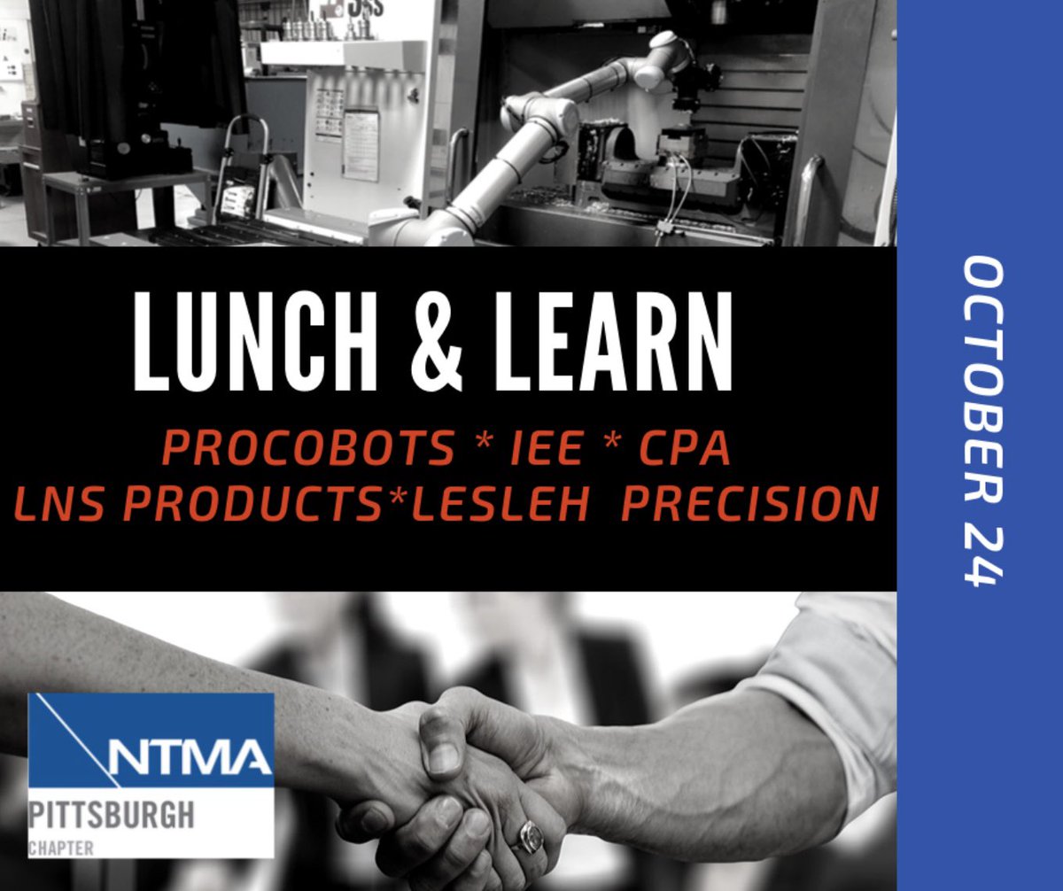 ProCobots's tweet image. Lunch & Learn!
Where: ProCobots
When: October 24, 2019
Time: 12 pm - 3 pm
procobots.com
#procobots #universalrobots #easyrobotics #usa #automation #jobshop #robot #cncmachining #machinetending #haas #hurco #ntma #doosan #okuma #mazak #pittsburgh #cnc #manufacturing