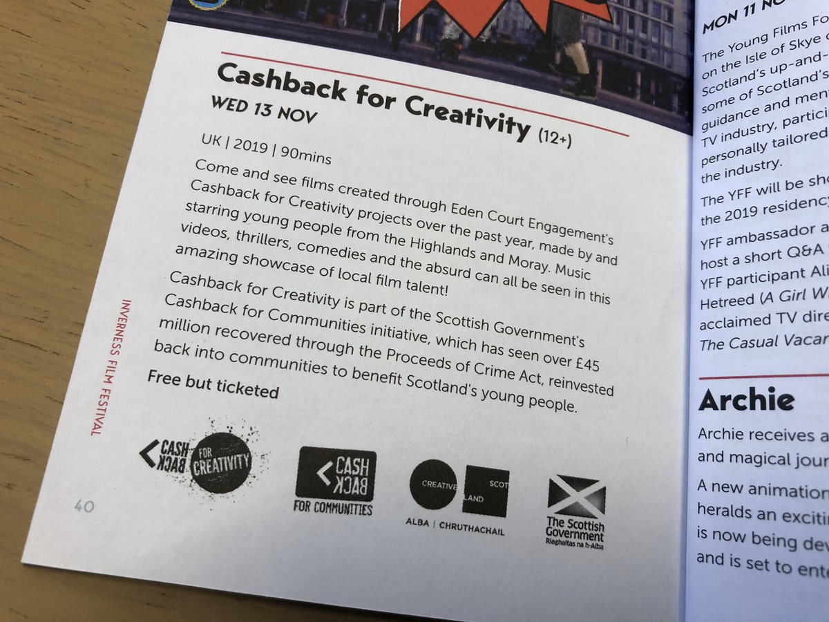 WildbirdMoray's tweet photo. Only a few weeks away and amazing to see the brochure...a chance to see some of our @EdenCourt @CB4Creativity films @InvFilmFest we are compiling our films this week!!🤘#CashbackCreates @CashBackScot https://t.co/hg9vh617oL