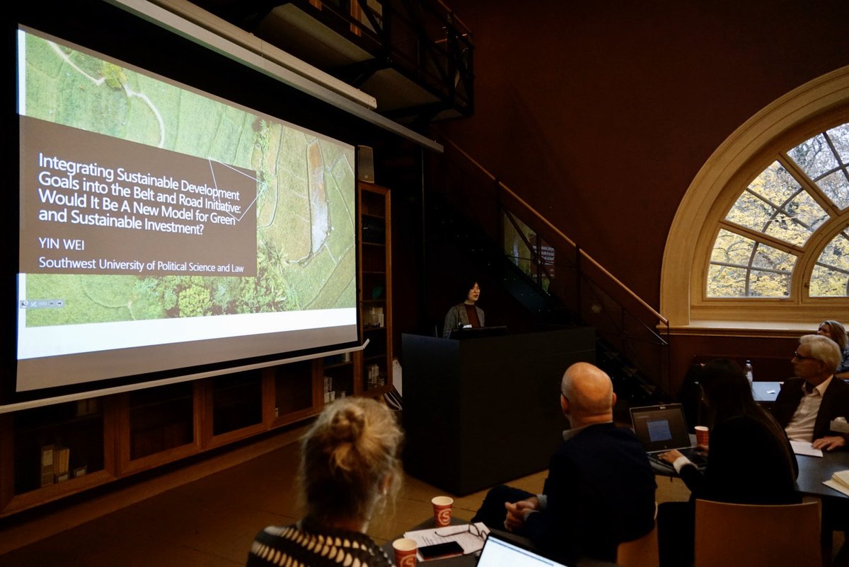 UniOsloSMART's tweet photo. Realising the potential of #China's #BeltandRoad Initiative as a sustainable &amp; green investment model requires the linkage with SDGs and joint efforts of state &amp; non-state actors, says Dr. Yin Wei at the #CorporateSustainabilityReformsConference @JUSiOslo #SMARTproject #H2020 https://t.co/bYtxSQR7DM