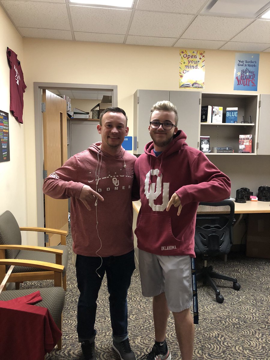 oohslibrary's tweet photo. This year a brave young lad bet on West Virginia against my Sooners.... @TannorLambert crimson &amp; cream looks pretty good on you 😂 #Sooners #OUDNA #librarylife #pioneertogether https://t.co/203mvoPHwf