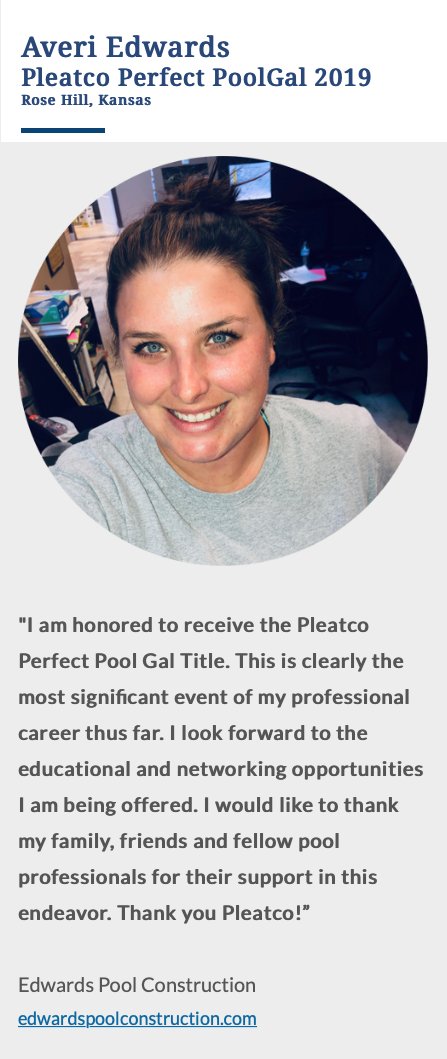PleatcoPoolSpa's tweet photo. Averi Edwards of Edwards Pool Construction is this years Pleatco Perfect #PoolGal 2019 

In partnership with @Genesis3inc &amp; @ThePHTA

Read about all our award winners here
https://t.co/z7RuOlvu68 https://t.co/RA9YOgGgUW