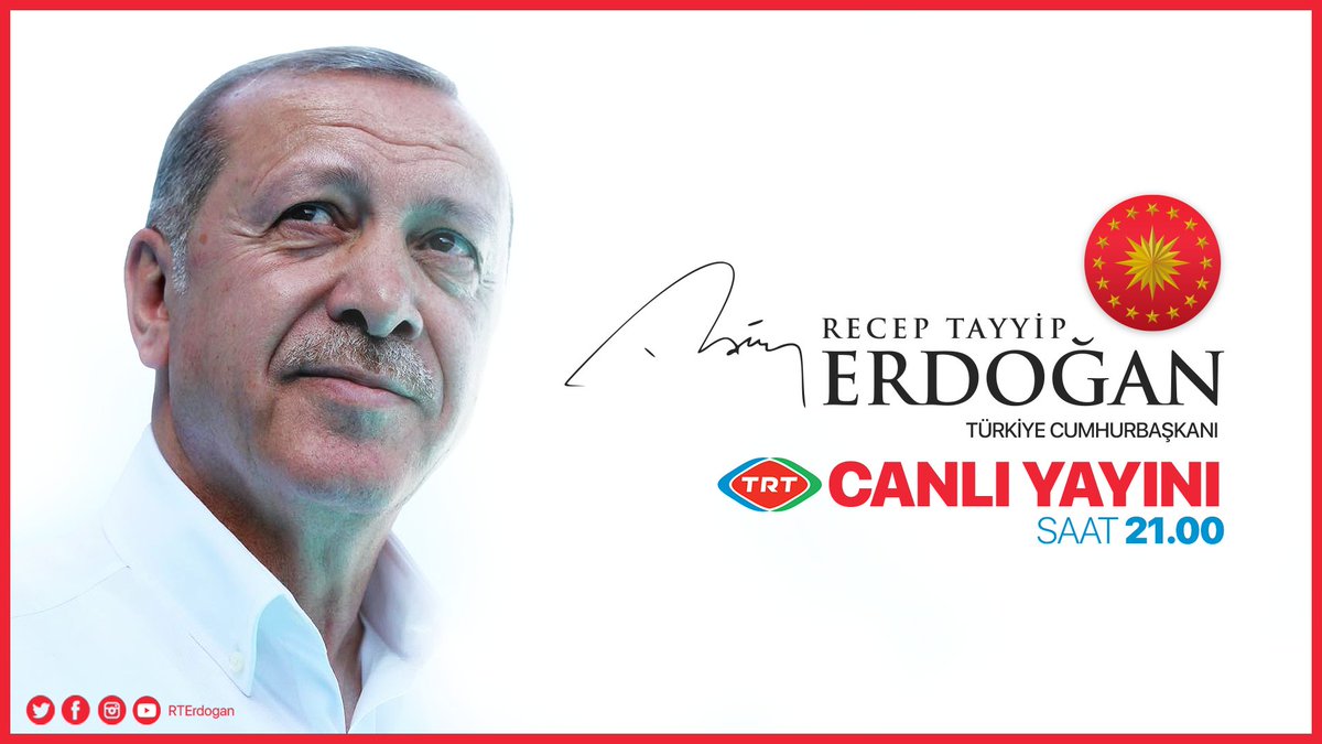 Cumhurbaşkanımız <a href="/RTErdogan/">Recep Tayyip Erdoğan</a>, bu akşam 21.00'da TRT canlı yayın konuğu olacak. 

Canlı yayını Cumhurbaşkanımızın Facebook, Twitter ve Instagram hesaplarından takip edebilirsiniz.