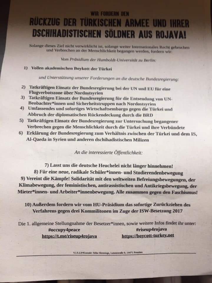 YXK__Official's tweet photo. ++ UNI BESETZT ++

#Berlin: Institut für Sozialwissenschaften der Humboldt Universität besetzt! Stoppt den Krieg in Rojava! Stoppt die Kriegsunterstützung für die Türkei! 

KOMMT ALLE!
#RiseUp4Rojava #Nehêle https://t.co/h0E5rm22bL