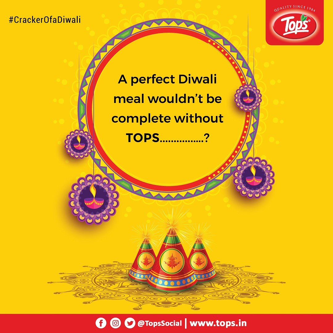 Tell us which TOPS product makes your Diwali meal complete? Post a picture of the dish made with the TOPS product to increase your chances of winning. 
.
.
#TopsSocial #Contest #CrackerOfaDiwali #DiwaliContest #DiwaliSpecial #FestiveSeason #FestivalFun #WinPrizes