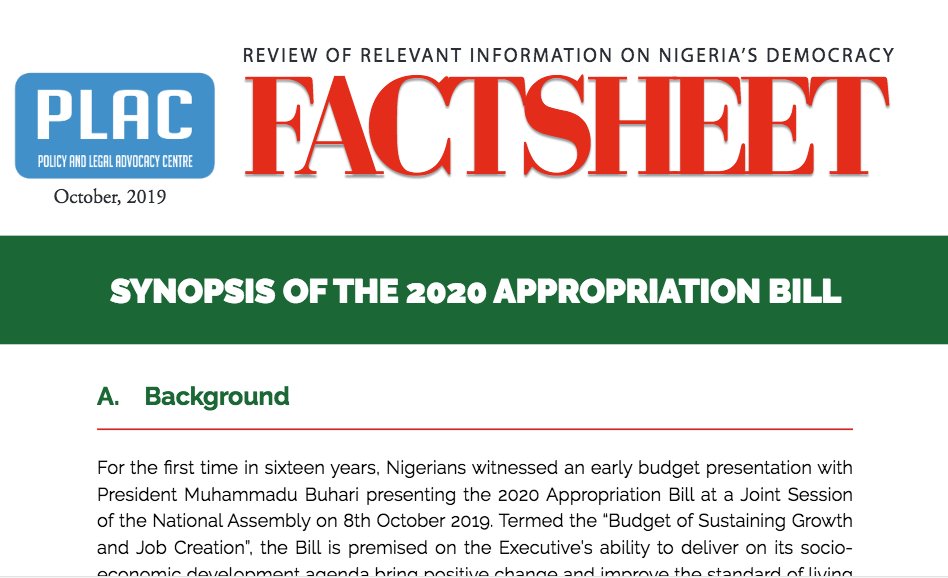 PLACNG's tweet photo. See Synopsis of the 2020 Appropriation Bill https://t.co/0qaRkFqeOy cc:@NGRSenate @HouseNGR https://t.co/m9l3bx7dYa