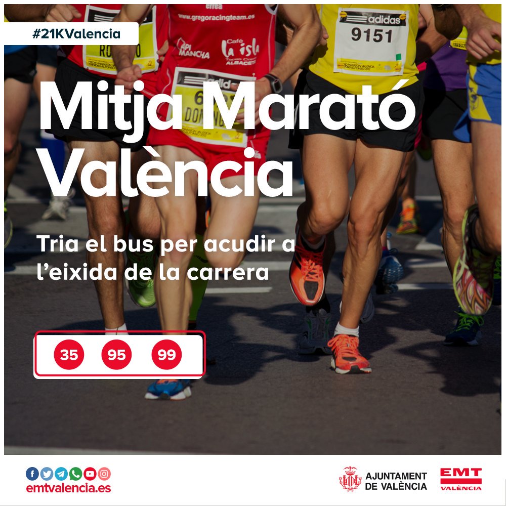 emtvalencia's tweet photo. 🏃♂️🏃♀️Participes este diumenge en la @MedioMaratonVLC? 🚌 Recorda que amb els autobusos de les línies #L35, #L95 i #L99 pots arribar sense cap problema.
>> https://t.co/1f6rb7IOyE
#21KValencia https://t.co/19WPxZsi40