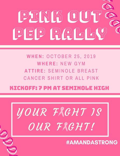 PINK OUT PEP RALLY TOMORROW!! Make sure you wear pink! Leadership is selling pink out shirts through Friday during lunch for $5 #amandastrong