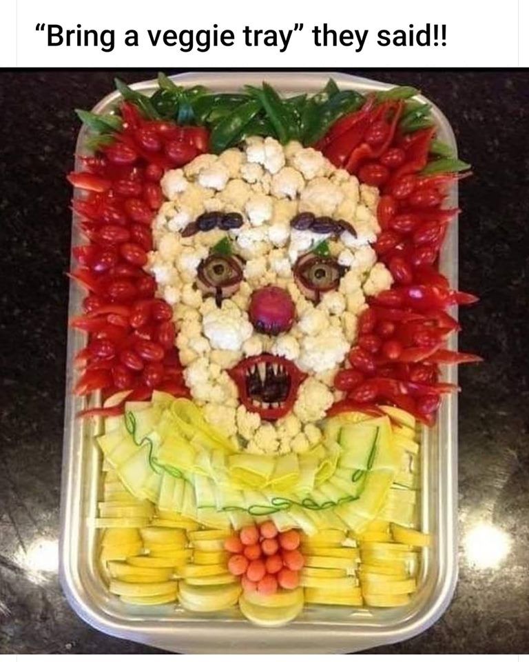 TColinCampbellF's tweet photo. When Pennywise (the clown from the movie "It") becomes Veggiewise the Clown!

Credit: https://t.co/The6JGB5nc https://t.co/Y3QemKBqmH