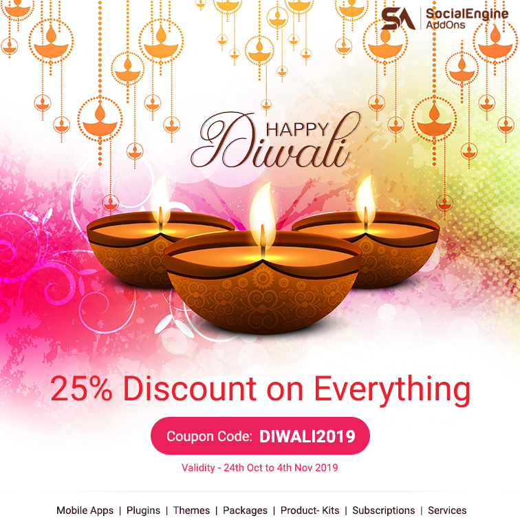 socialappstech's tweet image. Warm ✨Diwali wishes to all! Celebrate this #Diwali with #SocialEngineAddOns, get an exclusive 25% #discount on everything till 4th Nov. 2019.

For more details, refer here bit.ly/2BFB3TK
#SocialEngine