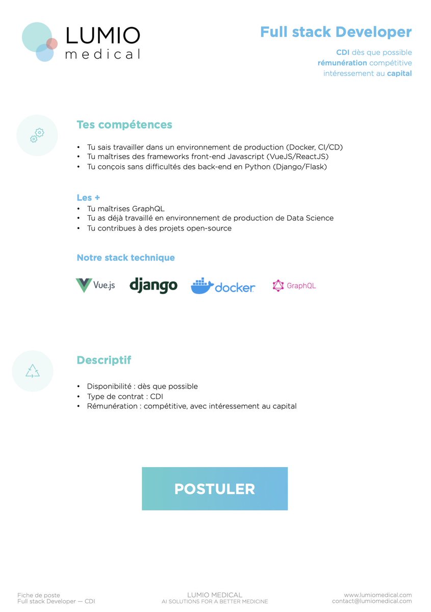 💻 Lumio recherche un développeur full stack en CDI pour travailler avec le CTO afin de déployer notre solution à plus grande échelle.

🎯 Si tu veux avoir de l’impact dans le secteur de la santé, rejoins-nous !

⚡️ Pour en apprendre davantage --> shorturl.at/vDE29