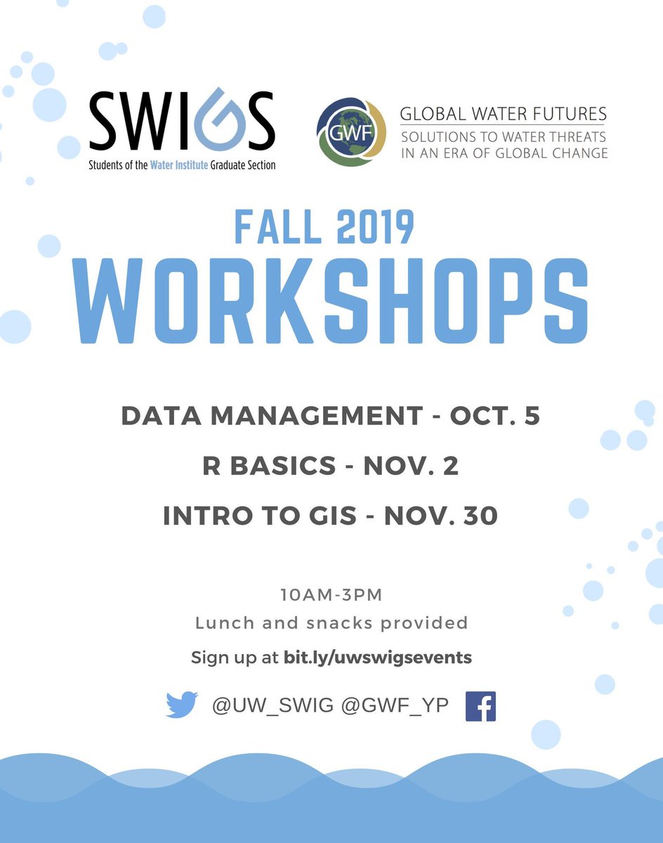 GWF-YP and SWIGS present fall 2019 academic workshops!  Our very popular Intro to R workshop is coming up next week so please register here: 
bit.ly/uwswigsevents