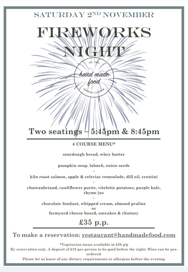 HandMadeFood's tweet image. Set the sky ablaze - join us for a 4 course meal pre or post the Blackheath Fireworks on November 2nd - booking essential - few spaces remain