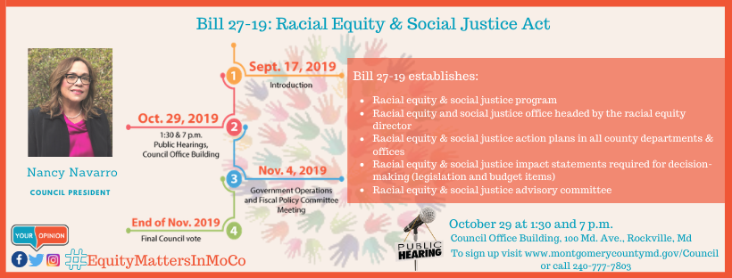 MoCoCouncilMD's tweet photo. Reminder: @MoCoCouncilMD is holding hearings on Bill 27-19 - Racial Equity and Social Justice Act on Tues. Oct. 29th at 1:30 pm and 7:00 pm. To register for the waitlist to testify, click here: https://t.co/fkaUK55oAB. 

👀Staff Report:https://t.co/zfsD0VtzU3
#EquityMattersInMoCo https://t.co/YzNvO1DeDM