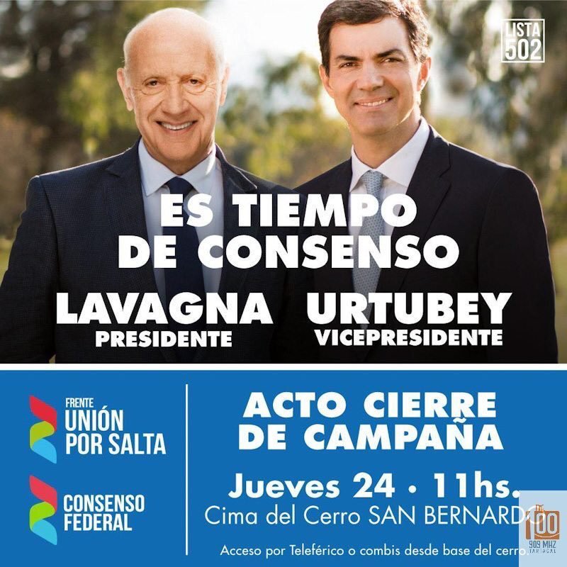 ACTO CIERRE DE CAMPAÑA

ES TIEMPO DE CONSENSO 

Presidente ➡️ <a href="/RLavagna/">Roberto Lavagna</a> 
Vicepresidente ➡️ <a href="/UrtubeyJM/">Juan Manuel Urtubey</a>
