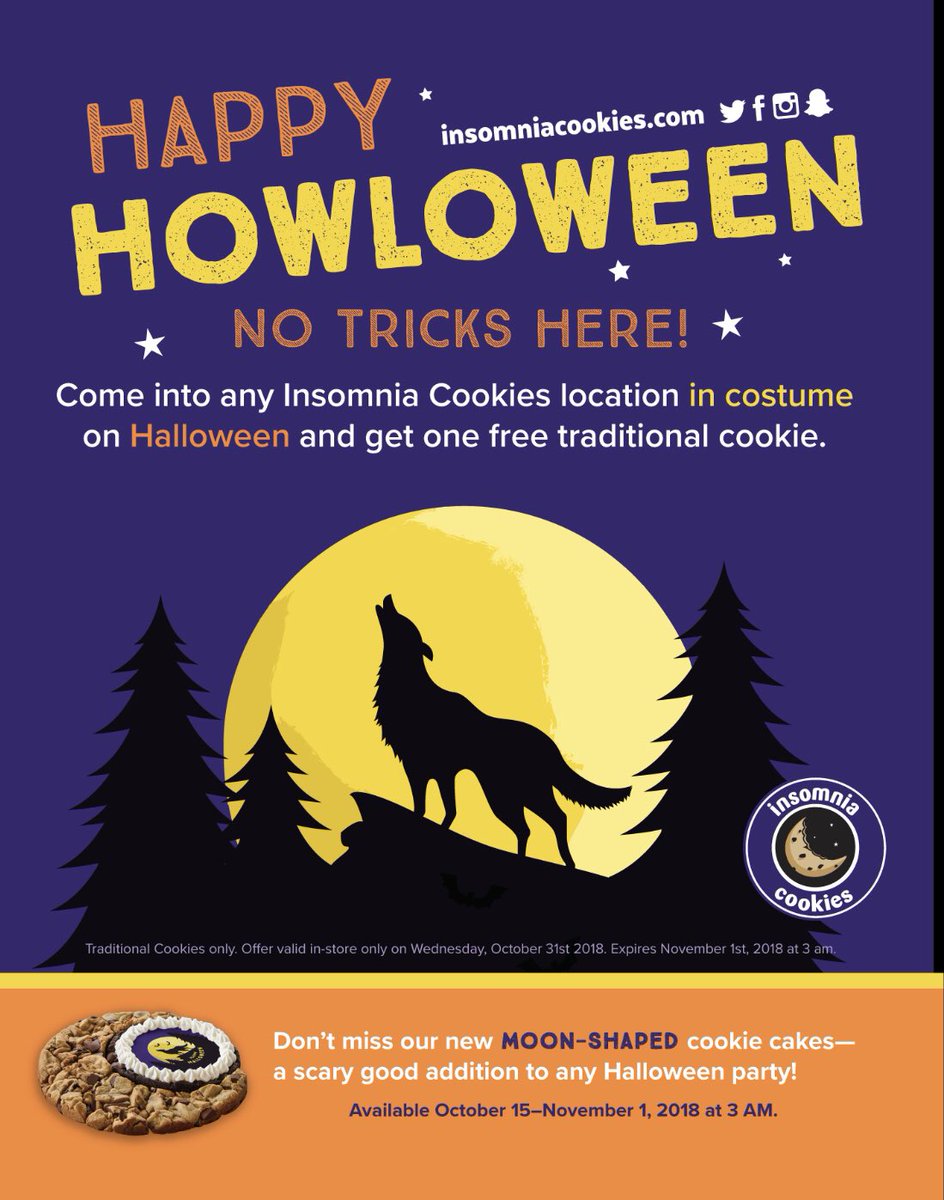ODUinsomnia's tweet photo. You’re already going to be dressed for Halloween, why not get a free cookie? Come into insomnia at ANY location and receive a free cookie! #insomniarep #spookyszn 👻 https://t.co/pHoyuanI5g