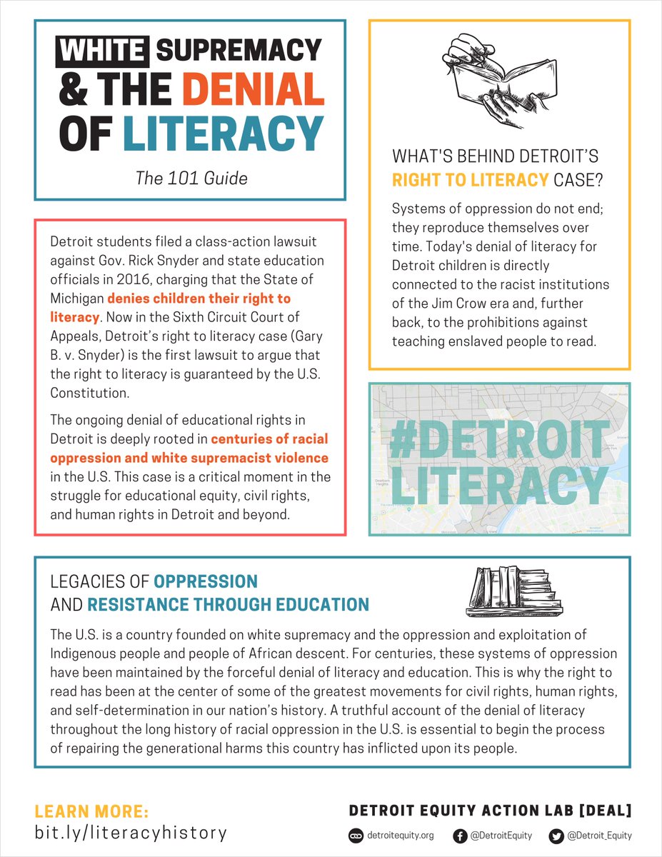 Detroit_Equity's tweet photo. Detroit’s right to literacy case goes before court of appeals today. Filed by #Detroit students in 2016, it's the 1st lawsuit to argue the #constitution guarantees right to literacy. #detroitliteracy
Use our 101 guide to learn what’s behind this issue:
https://t.co/YCtVrppv6r https://t.co/eq6TygAK4j