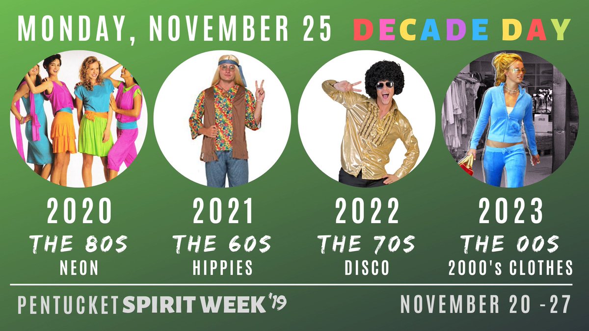 PentucketStuCo's tweet photo. We are so ready for #PentucketSpiritWeek! Decade Day is one of the seven awesome dress-up days we have planned. https://t.co/TNVFVqLYPY