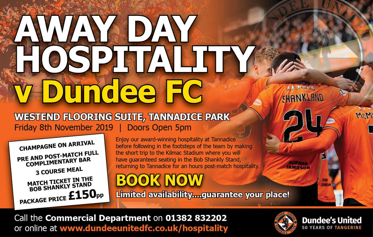 We now have extremely limited availability for our Away Day Hospitality package on Friday 8th November.
Book Now to secure your place.
Call 01382 832202 
E-Mail commercial@dundeeunitedfc.co.uk
Online dundeeunitedfc.co.uk/hospitality