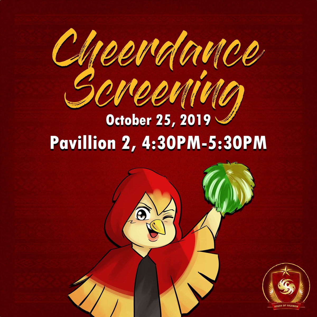 HEY SOLOMONIANS!

THE DAY IS HERE!

The try-outs for House Solomon's Pepsquad (Cheerdance) will be held tomorrow October 25th, from 4:30PM-5:30PM at Pavillion 2!

LET'S SEE WHAT YOU GOT FELLOW SOLOMONIANS!

*Below is the list of requirements to be brought/accomplished tomorrow.