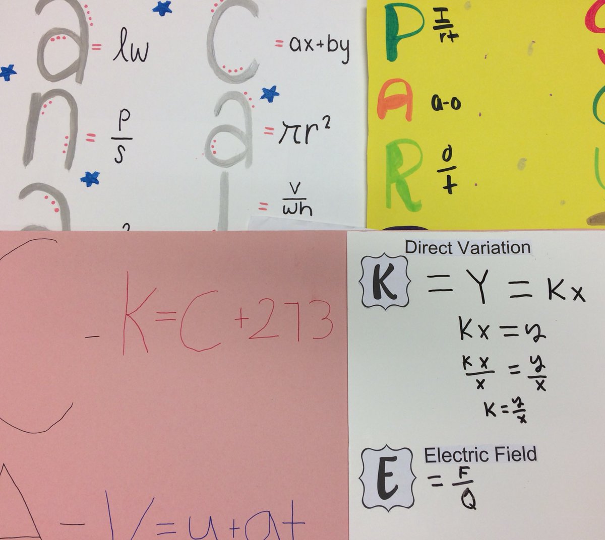 bfbeilman's tweet photo. My algebra students solved science and math formulas for the variables in their names and school to show understanding of literal equations. https://t.co/LoV4Bdyao0
