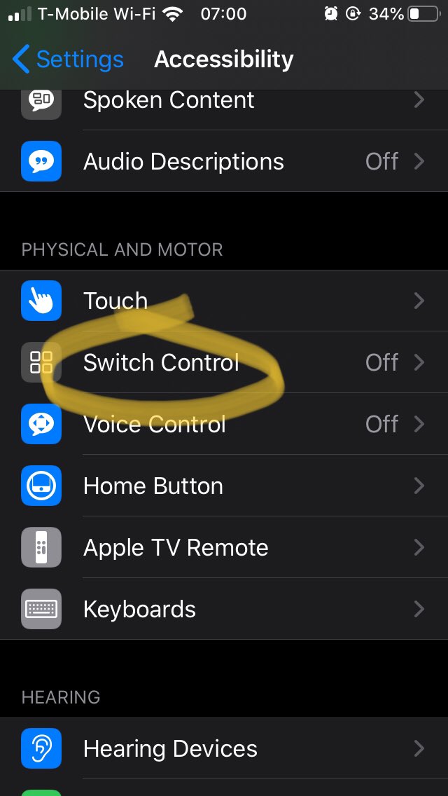 1. Go to settings2. Scroll down to “Accessibility”3. Scroll down to “switch control”4. Click “recipes”5. Click “creat new recipe”