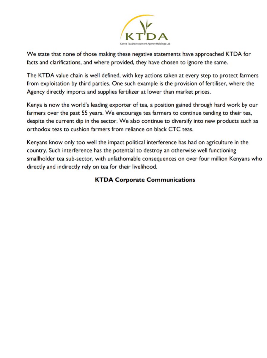 SeanKNgeno's tweet photo. #KTDASpeaks #KTDAtea #KTDATruth 
So KTDA has come out guns blazing with a doctored explanatory statement,hiring Twitter 'giants' to deflate the aggravated anger and demand for accountability over the Low Bonuses. Ufisadi na uongo unaumiza wakulima wa chai. Ukweli   utambe. https://t.co/29mkX7OwVV