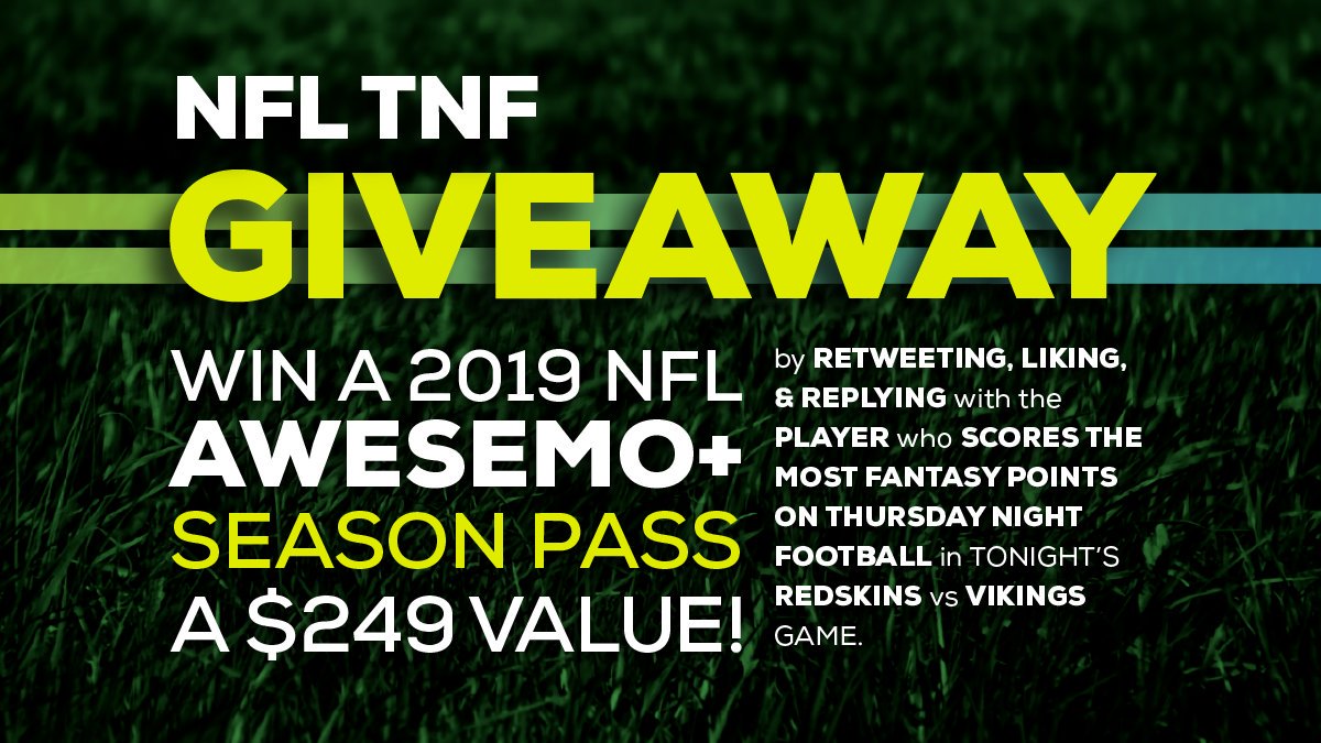 Stokastic's tweet photo. 🚨🎁 NFL TNF #GIVEAWAY 🎁🚨 

Win a FREE 2019 NFL Awesemo+ Pass! Guess the PLAYER that scores the MOST Fantasy Points in tonight's @Redskins vs. @Vikings game ‼️
 
🔄RT ❤️Like ✍️Reply 
✅Follow @Awesemo_Com &amp; @AwesemoNFL

NFL DFS Showdown Rankings (FREE) https://t.co/CtCNebwH09 https://t.co/wN42LY5Y4k
