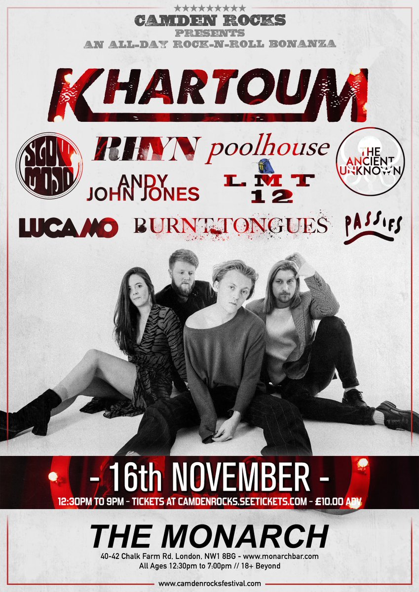 CamdenRocksFest's tweet photo. 📢 On Sale Now! 📢 #CamdenRocks presents an all-day rock-n-roll bonanza feat. #Khartoum @SlowMojoBand @RhynBand @PoolHouseBand @MrAndyJohnJones @LucaMoMusic @Burnt_Tongues_ @PassifsBand live at @CamdenMonarch on Sat 16th Nov 👉 https://t.co/lctU1ZQNEZ https://t.co/BVnbTwRGRi