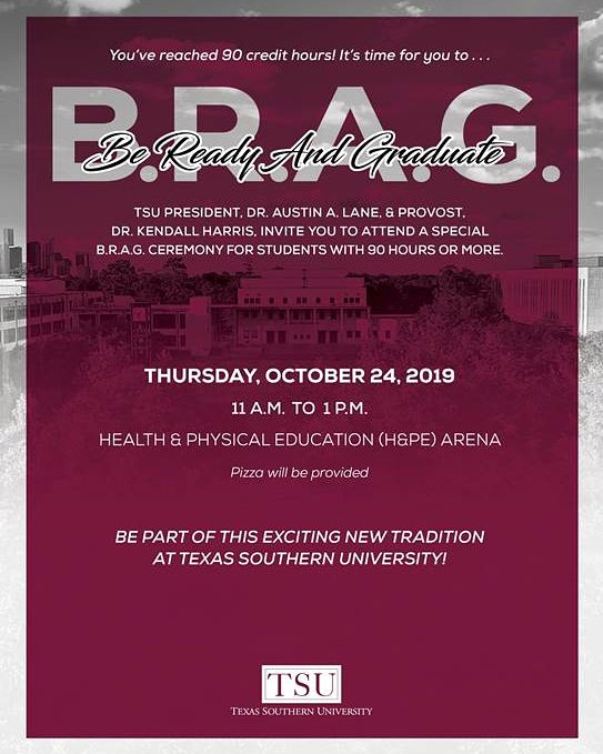 Good Morning,
Please be encouraged to attend this event if you have 90 or more credits. Take advantage of this opportunity. #TxSU #NSBE #TXSUBRAG