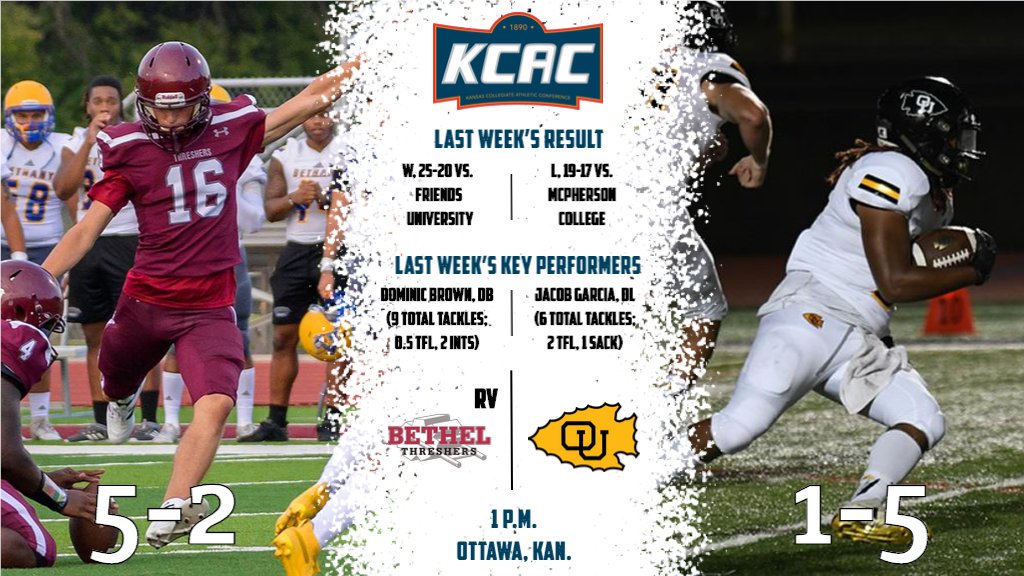 kcacsports's tweet photo. This Saturday, RV @Thresher_Sports takes on @BravesAthletics! Kickoff is at 1 p.m. in Ottawa.

Watch live: https://t.co/A9VRySAtR2

#KCACfb #CFB150

@sportsinkansas @KansasPregame @KansasSportsNet @NAIA @NAIAFBALL @KCACNetwork https://t.co/Ee0NPYStnb