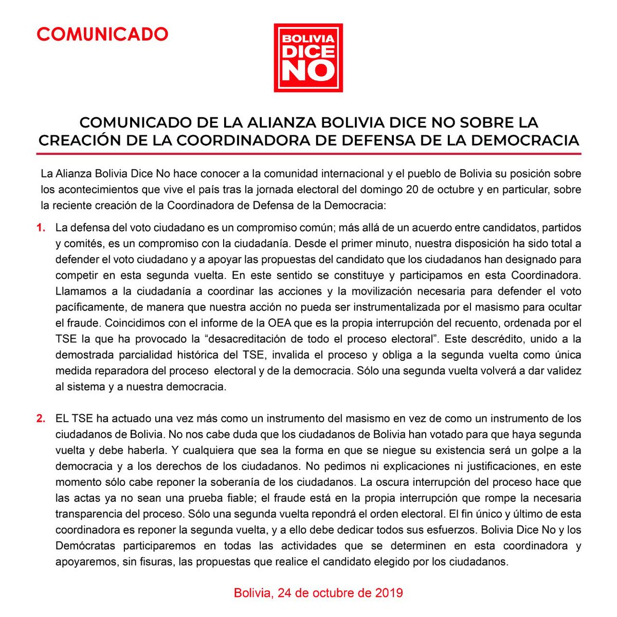 Comunicado de la Alianza Bolivia Dice NO sobre la creación de la Coordinadora de Defensa de la Democracia