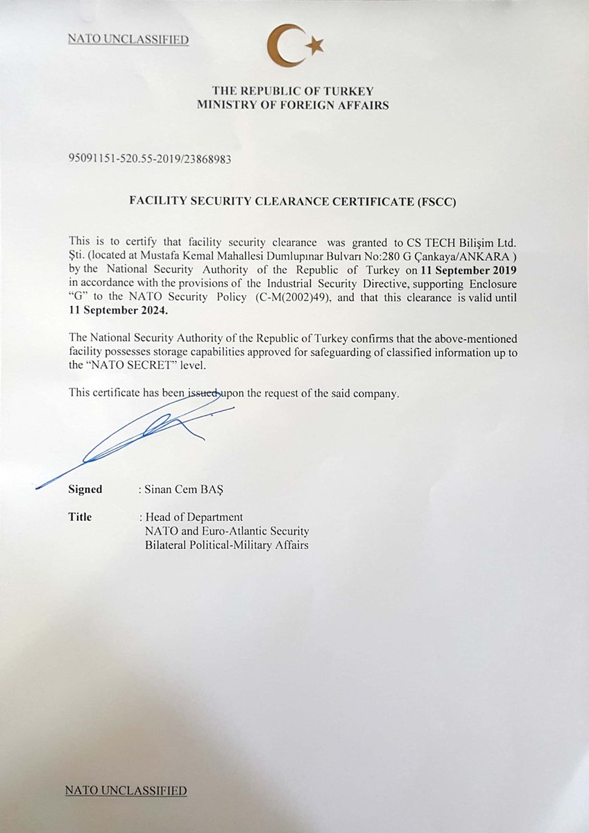 CsCografi's tweet photo. NATO gizlilik dereceli Tesis Güvenlik Belgemizi aldık. #fscc #FacilitySecurityClearanceCertificate #cstech #nato #clearance https://t.co/YrHoDH96l3