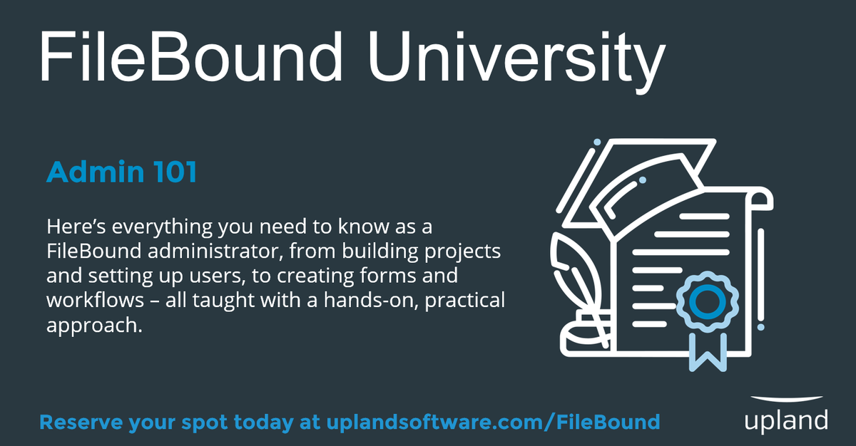 FileBound's tweet image. Our next #FileBoundU Admin 101 course is just around the corner. This online session covers everything from FileBound terms, to project building and #forms &amp;amp; workflow. Sign up now to join us on Oct 29 to Nov 5. bit.ly/2EYhRDA