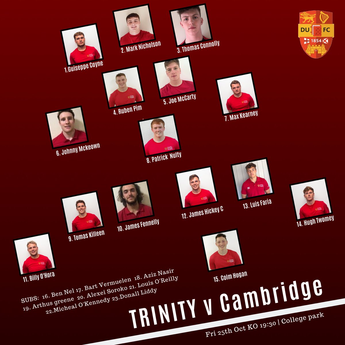 🔴⚫️TEAM ANNOUNCEMENT 🔴⚫️ Our firsts take on @curufc this Friday night!
This is set to be a huge game with two very strong teams being named.
Get down and support your college.
#universityrugby 📍College park ⏱19:30