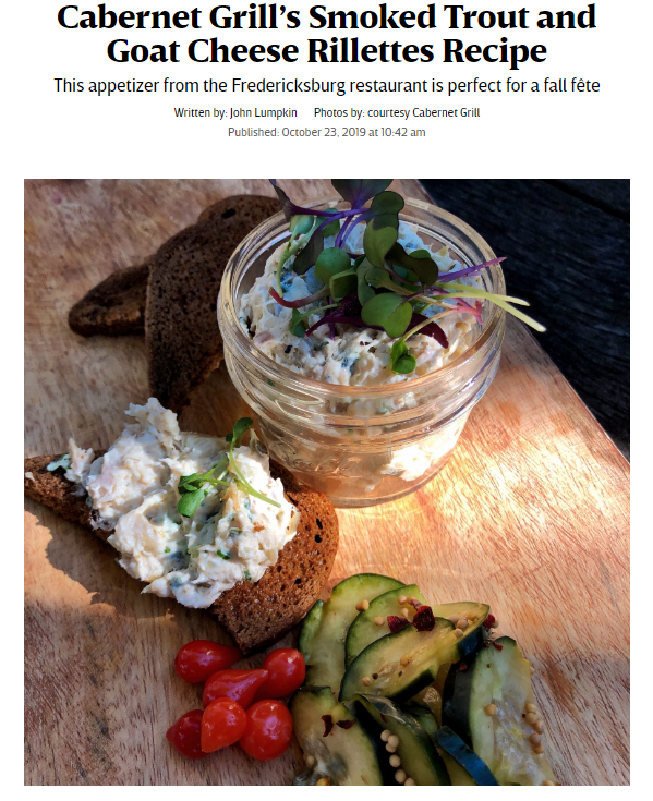 CabernetGrill's tweet photo. Special thanks to writer John Lumpkin &amp; @TexasHighways  - for featuring one of Chef Ross Burtwell's most popular &amp; delicious fall #recipes -Smoked Trout &amp; Goat Cheese Rillettes! #texascooking #txhillcountry 

https://t.co/UlcoghMAqG https://t.co/oBgT5Dytjk