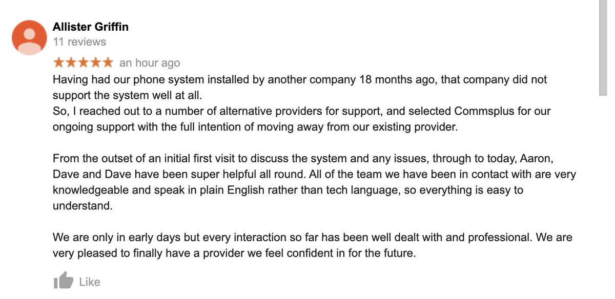 "We are very pleased to finally have a provider we feel confident in for the future"

A glowing review from one of our newest clients. Commsplus always strive to provide exceptional service, to match our high quality solutions.

Visit: commsplus.co.uk