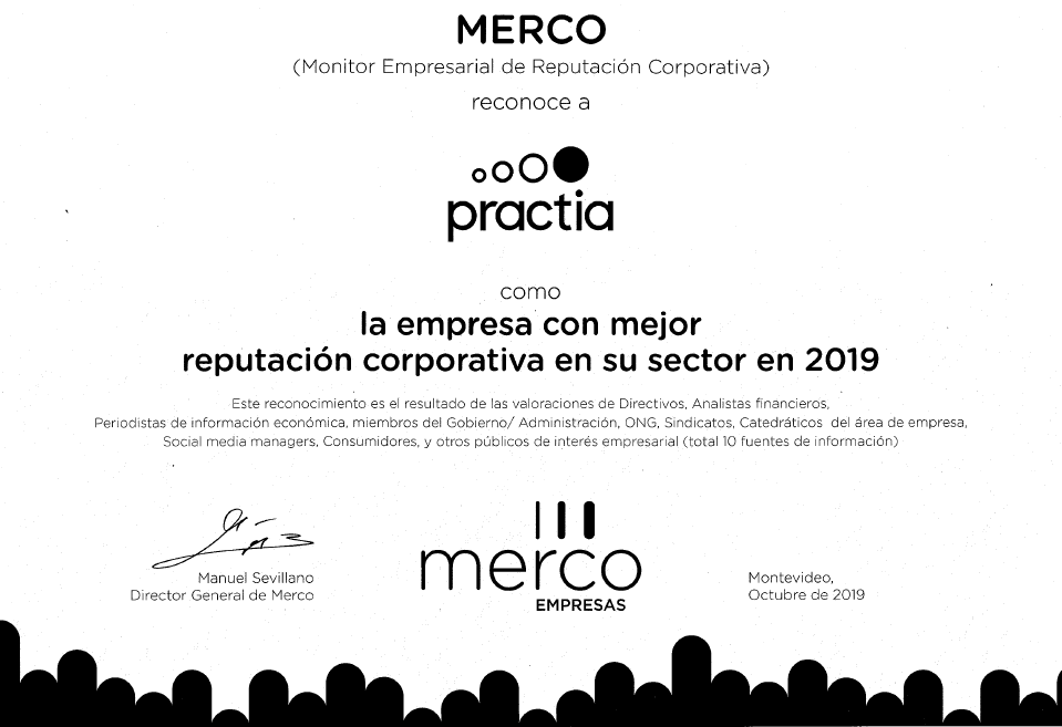 Practiauy's tweet photo. Practia Uruguay agradece a @mercoranking por el reconocimiento a: La empresa con mejor reputación corporativa en su sector en 2019. Nos sentimos orgullosos por tal distinción y seguiremos trabajando en pro de ofrecer los mejores servicios y calidad a nuestros clientes. #PractiaUY https://t.co/pm4EWK52I5