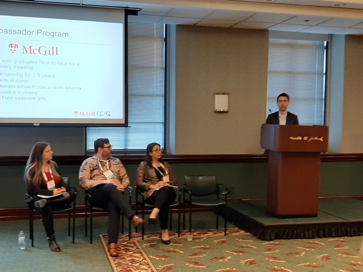 CCAECanada's tweet photo. "With proper training, #student ambassadors can provide unexpected benefits as some #donors prefer to connect w students and speak about their shared experience" Great insights from Nicholas Tonin, @McGillAlumni #CCAE2019 #AnnualGiving https://t.co/9gWn9tfglA