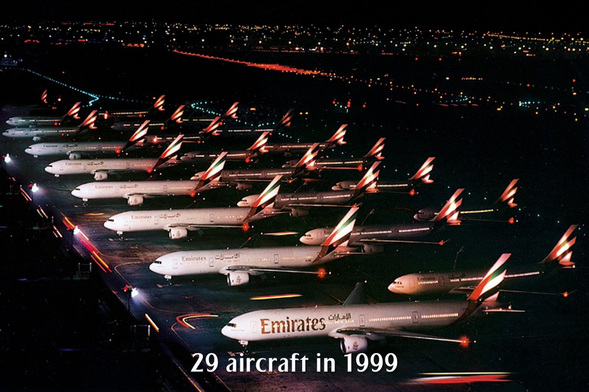 emirates's tweet photo. From 2 aircraft in 1985 to 29 aircraft in 1999 and 268 aircraft today, we are flying higher, farther and better. Thank you for being part of our journey. #FlyEmiratesFlyBetter #34YearsOfEmirates #TBT #ThrowbackThursday https://t.co/6gtMtIRPqy