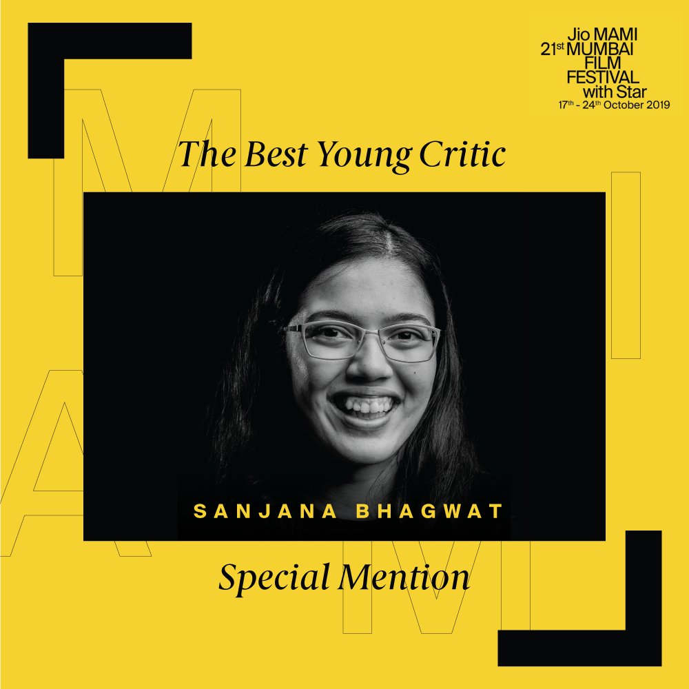 MumbaiFilmFest's tweet photo. The Young Critics Special Mention goes to Siddhant Chawla and Sanjana Bhagwat. Congratulations! #JioMAMIwithStar2019 #YoungCriticsLab2019 @baradwajrangan @mike_mccahill https://t.co/1ANwXF0OAV