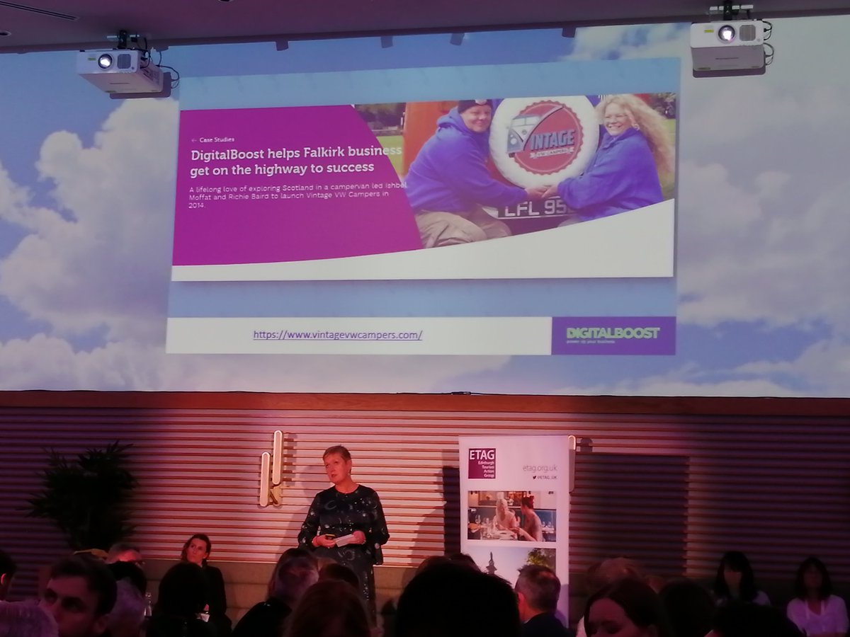Kimkjaerside's tweet photo. Next up @AileenLamb from Scottish Enterprise taking all things Digital Tourism Support and planning. With the likes of 'DigitalBoost' for a digital health check, online service and 1:1 support... Such as Vintage VW Campers did... #TechTourism2019 #technology #tourism https://t.co/BcS12R8Egj