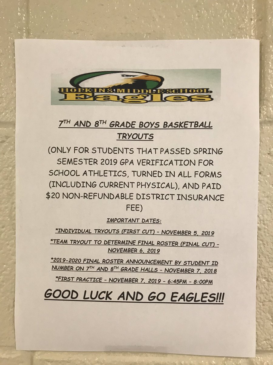 FYI from Hopkins MS Athletics About The Upcoming Boys Basketball Season.... Our Girls Basketball Team Will Hold A Tryout On November 4th right after school in our Gym !!! #GoEagles 🦅🏀