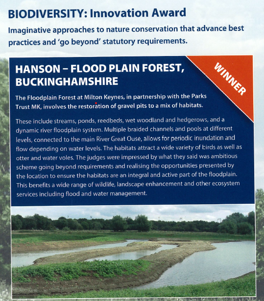 TheParksTrust's tweet photo. We are thrilled to have won, together with our project partner @Hanson_UK the Biodiversity: Innovation Award for our Floodplain Forest Nature Reserve at the @quarry_nature event hosted by @MineralProduct yesterday (Wed 23rd). Watch this short video  https://t.co/0Em6ZR15Eo #QN19 https://t.co/3nTTXkni69
