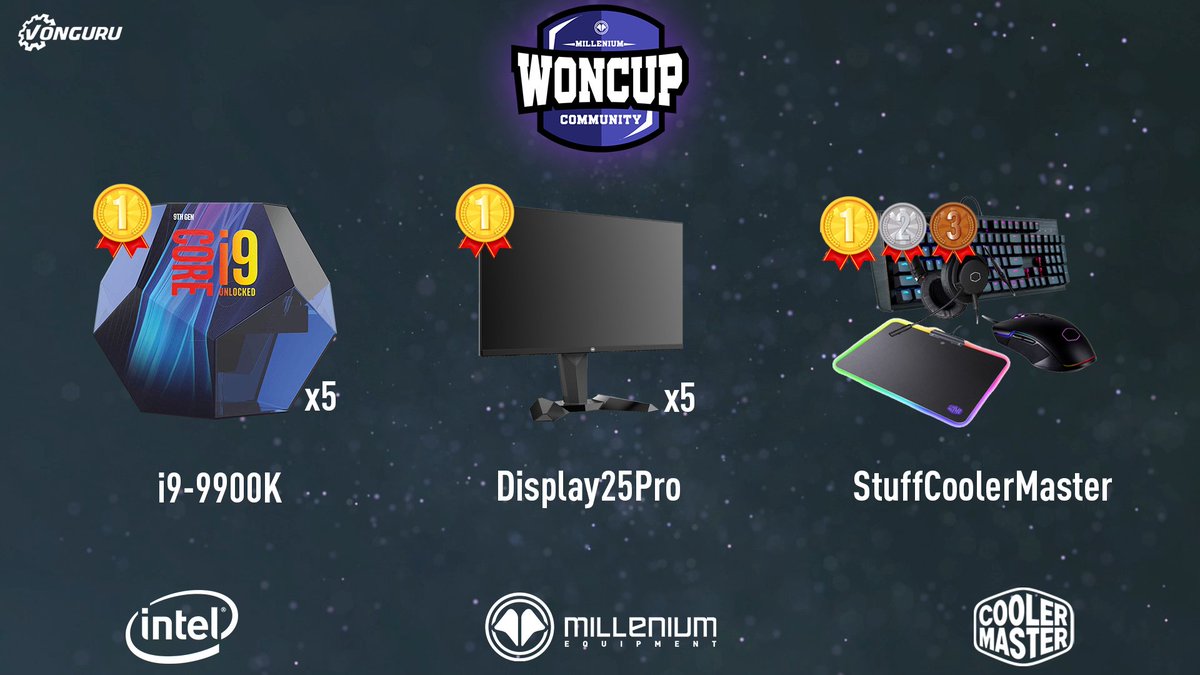 woncup's tweet image. Merci à nos partenaires pour les lots du tournoi ! 

Les Gagnants se verront attribuer par personne, un i9-990k de @IntelFrance, un écran @MilleniumEQT Display25Pro et du stuff @coolermasterfr
 
Les 2nd-3rd-4th gagneront du stuff @coolermasterfr en fonction de leur classement