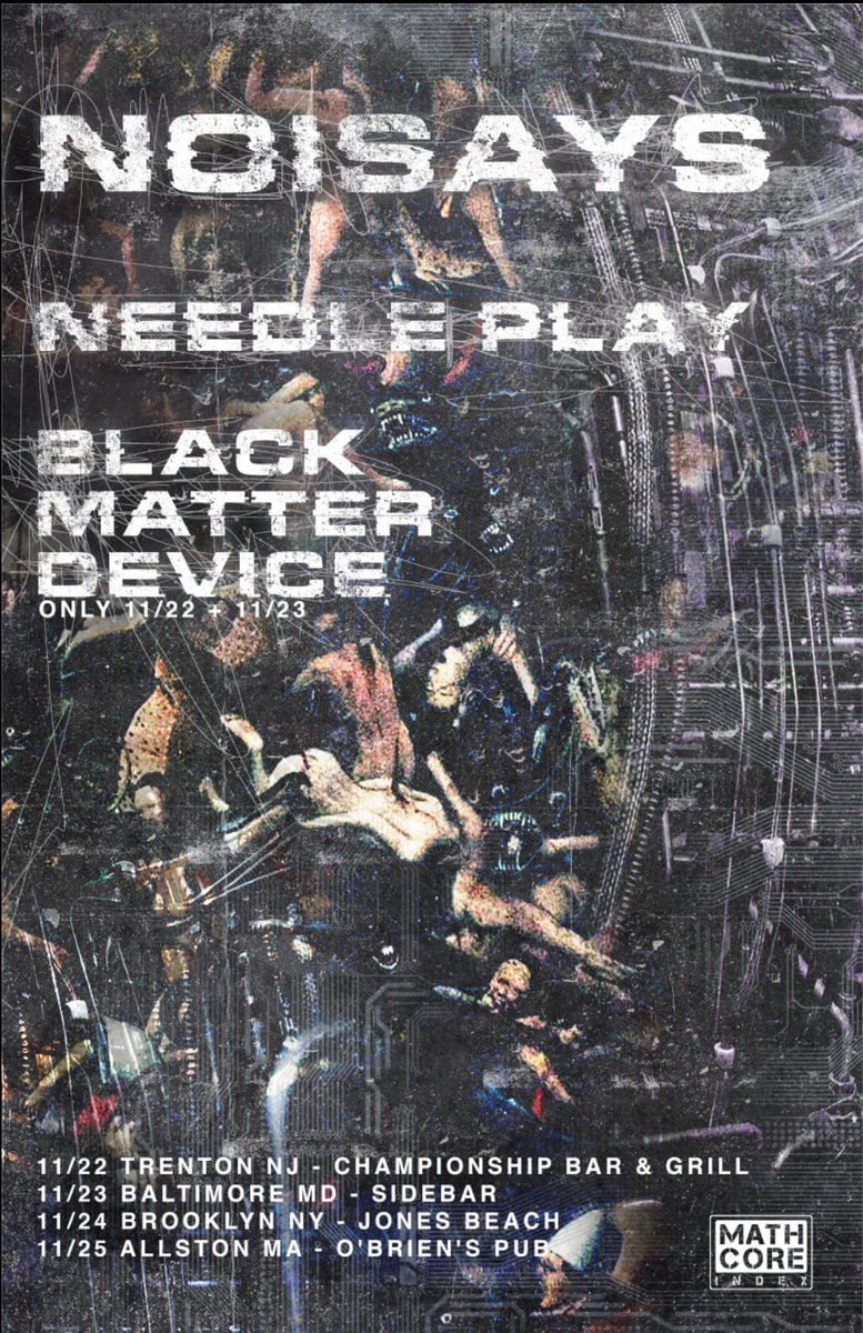 Mathcoreindex's tweet image. EAST COAST FRIENDS: Catch the homies in NoiSays on their run of November dates with Needle Play and @BlkMtrDvc, sponsored by Mathcore Index! #mathcore #mathcoreindex