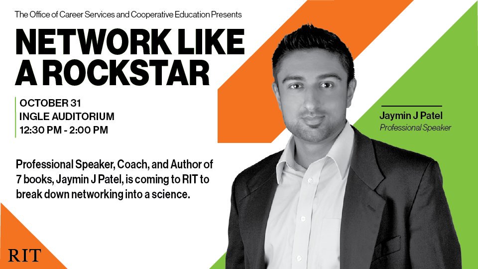 RITCareersCoop's tweet photo. Jaymin J Patel will be at RIT next week! Break down networking into a science, learn the 11 attributes of a rockstar candidate that companies want, and have the confidence to approach anyone at your next networking event! Save your seat today https://t.co/KJ7hqsjMtc https://t.co/Td4khOcSbw