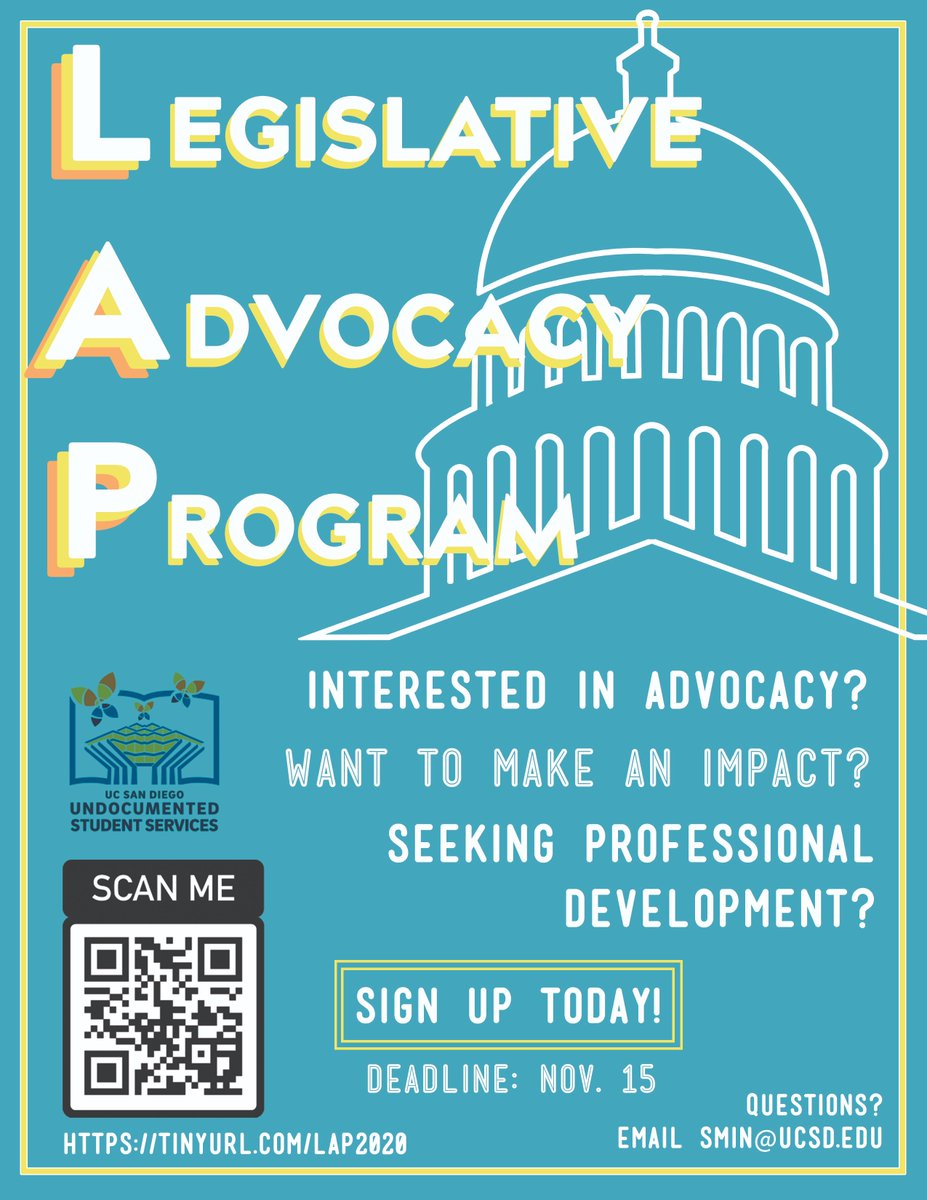 USPUCSD's tweet image. Have you heard of the Legislative Advocacy Program (LAP)? LAP focuses on helping undocumented students take an advocative stance on immigrant-related struggles. At the end of the program, LAP will take students to Sacramento, free of charge, to talk with state representatives.