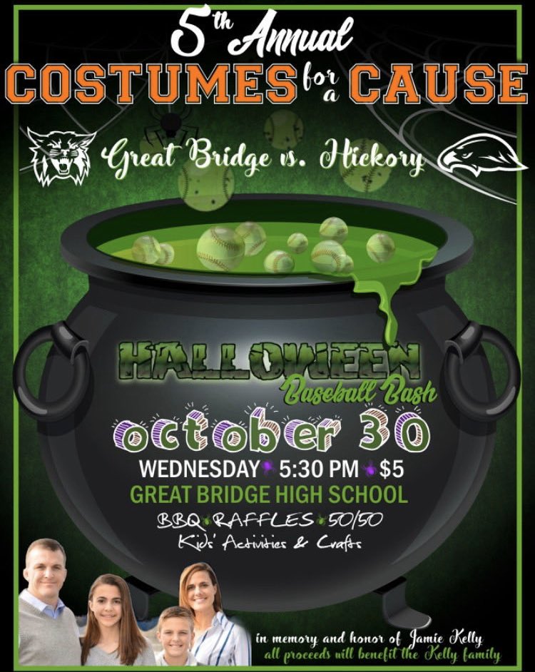 ptsa_hhs's tweet photo. Did you remember to mark your calendars for next week’s 5th Annual Costumes for a Cause— Great Bridge cs Hickory Baseball. October 30, 5:30pm at GBHS, entry is $5. BBQ and raffles and fun for a good cause. #costumesforacause #HHSBaseball #GBHSvsHHS https://t.co/TbBvO9AfDf